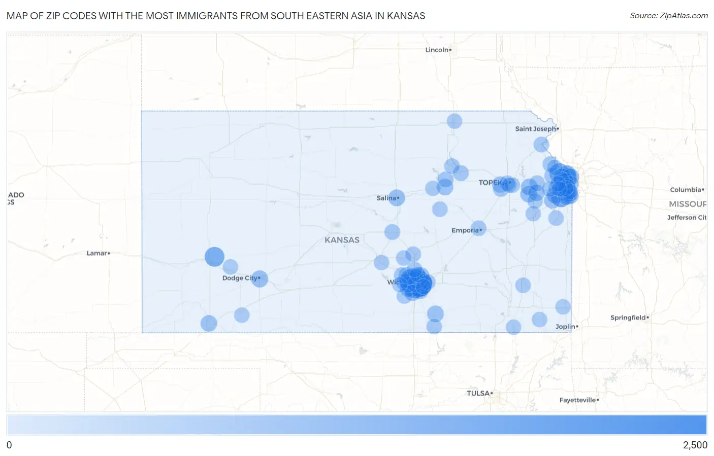 Zip Codes with the Most Immigrants from South Eastern Asia in Kansas Map
