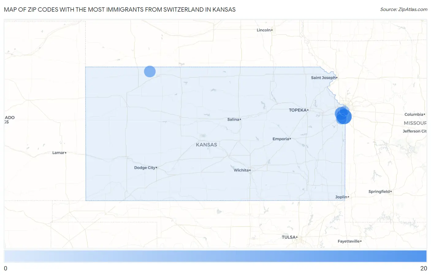 Zip Codes with the Most Immigrants from Switzerland in Kansas Map