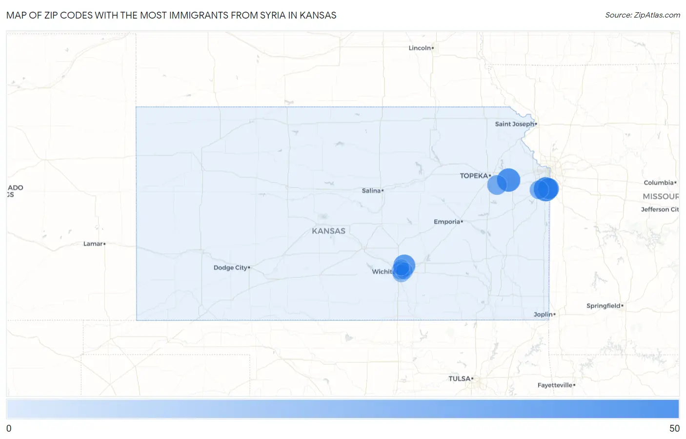 Zip Codes with the Most Immigrants from Syria in Kansas Map