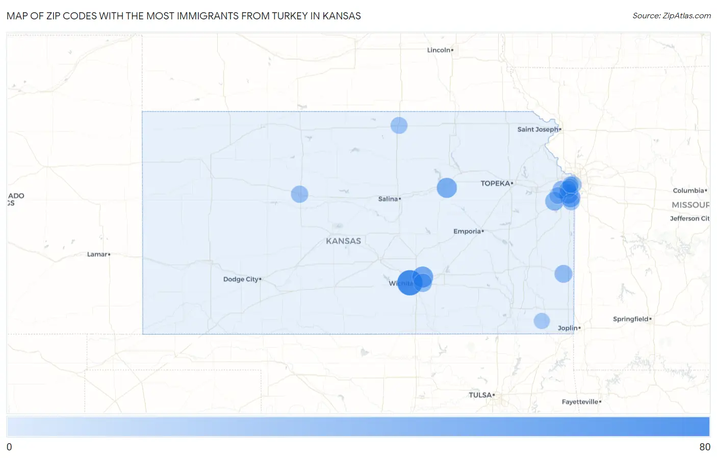 Zip Codes with the Most Immigrants from Turkey in Kansas Map