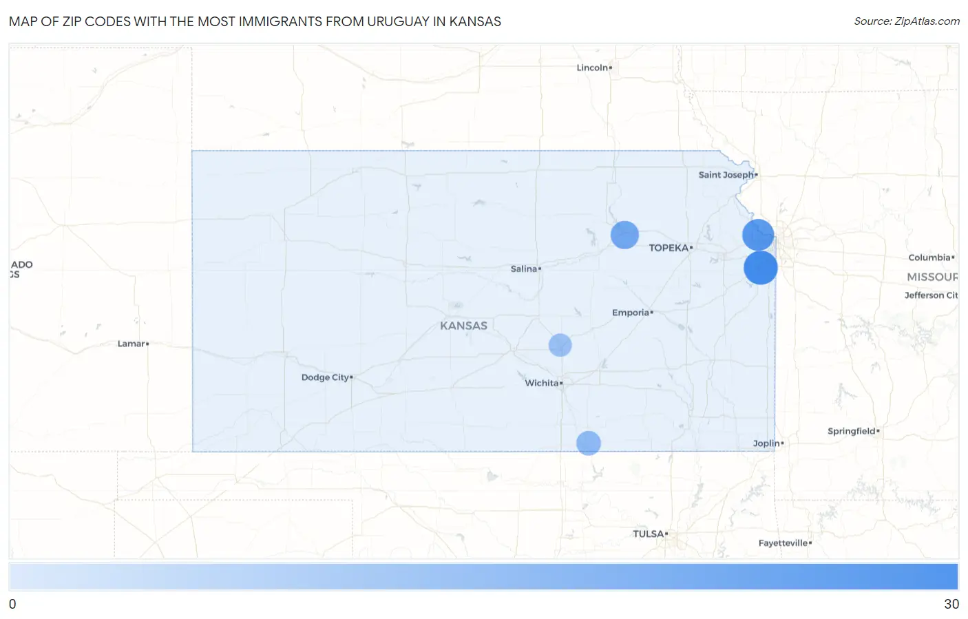 Zip Codes with the Most Immigrants from Uruguay in Kansas Map