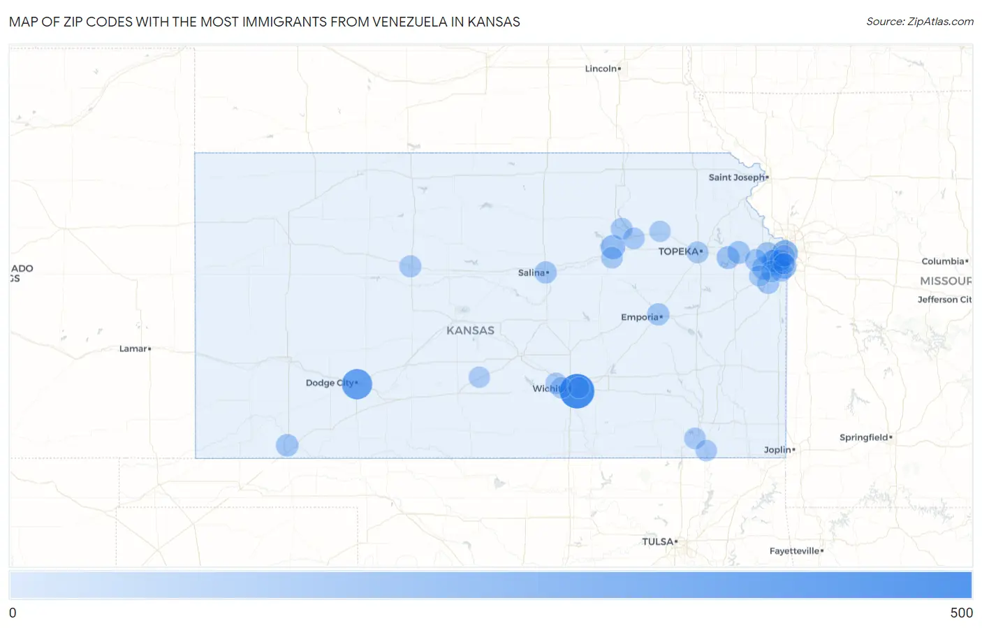 Zip Codes with the Most Immigrants from Venezuela in Kansas Map