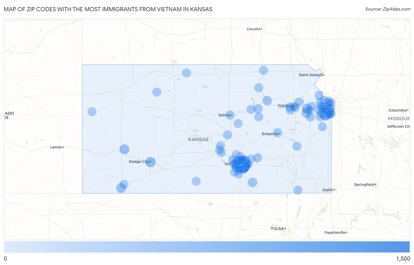Zip Codes with the Most Immigrants from Vietnam in Kansas Map