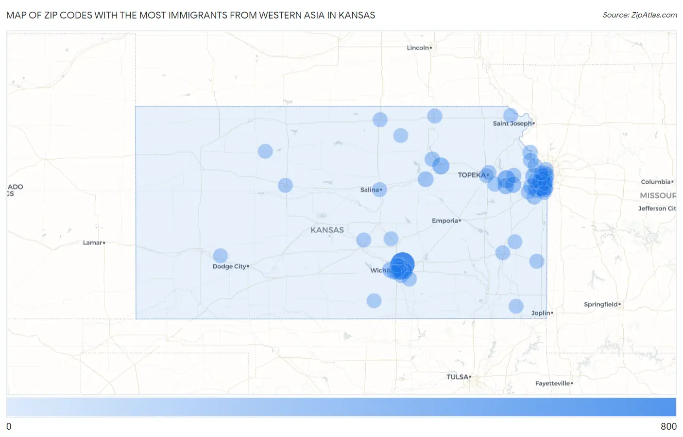 Zip Codes with the Most Immigrants from Western Asia in Kansas Map