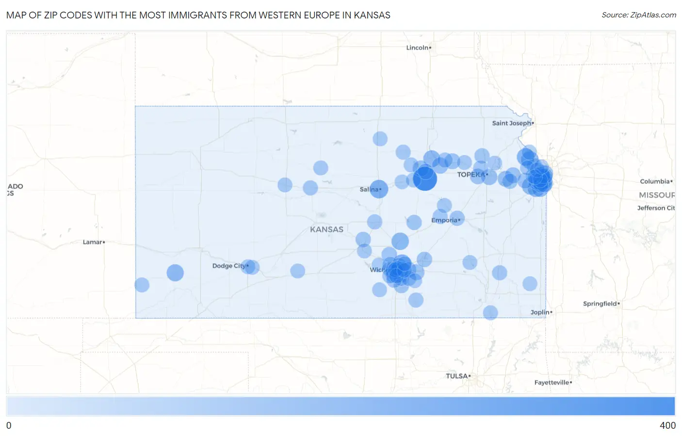 Zip Codes with the Most Immigrants from Western Europe in Kansas Map
