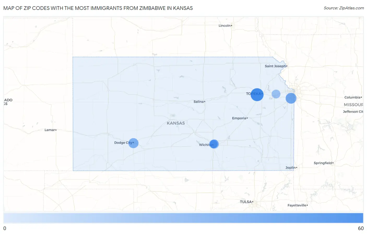 Zip Codes with the Most Immigrants from Zimbabwe in Kansas Map