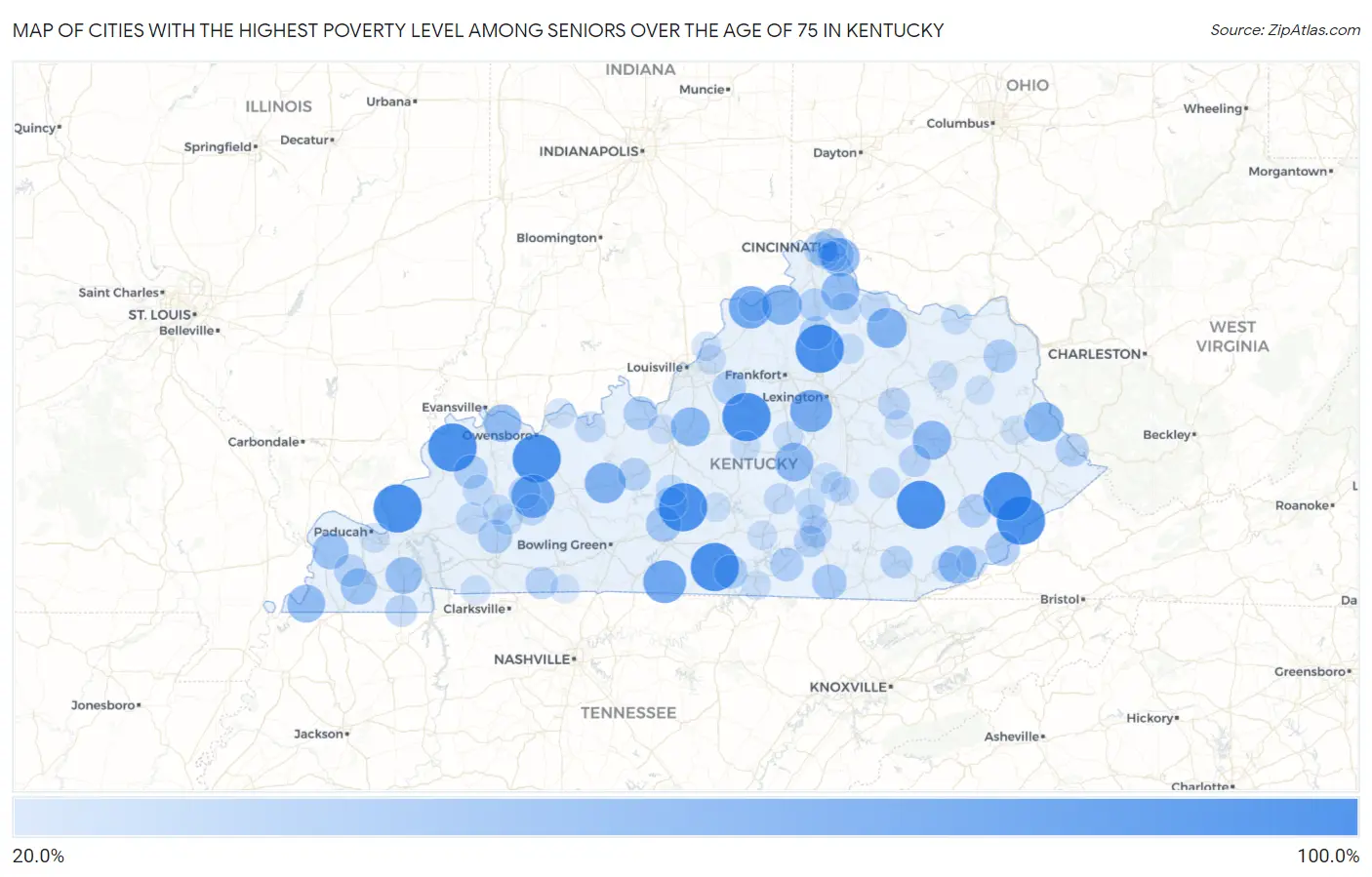 Cities with the Highest Poverty Level Among Seniors Over the Age of 75 in Kentucky Map