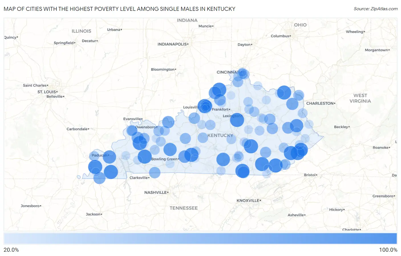 Cities with the Highest Poverty Level Among Single Males in Kentucky Map