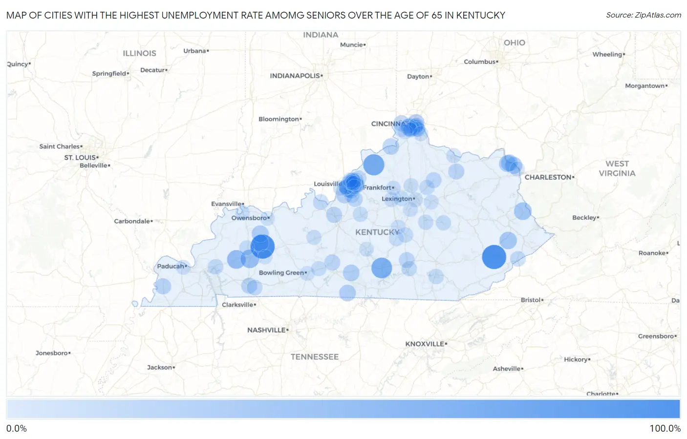Cities with the Highest Unemployment Rate Amomg Seniors Over the Age of 65 in Kentucky Map