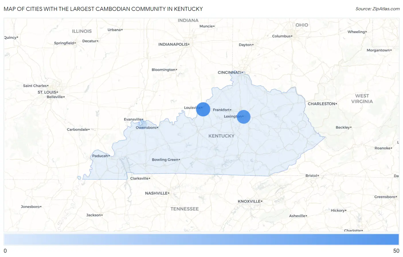 Cities with the Largest Cambodian Community in Kentucky Map