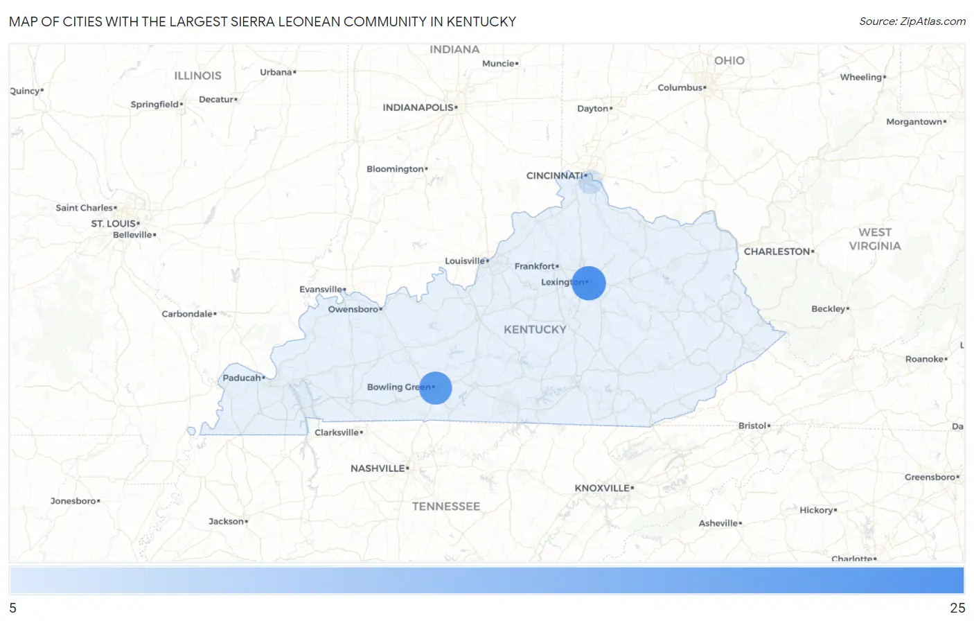 Cities with the Largest Sierra Leonean Community in Kentucky Map