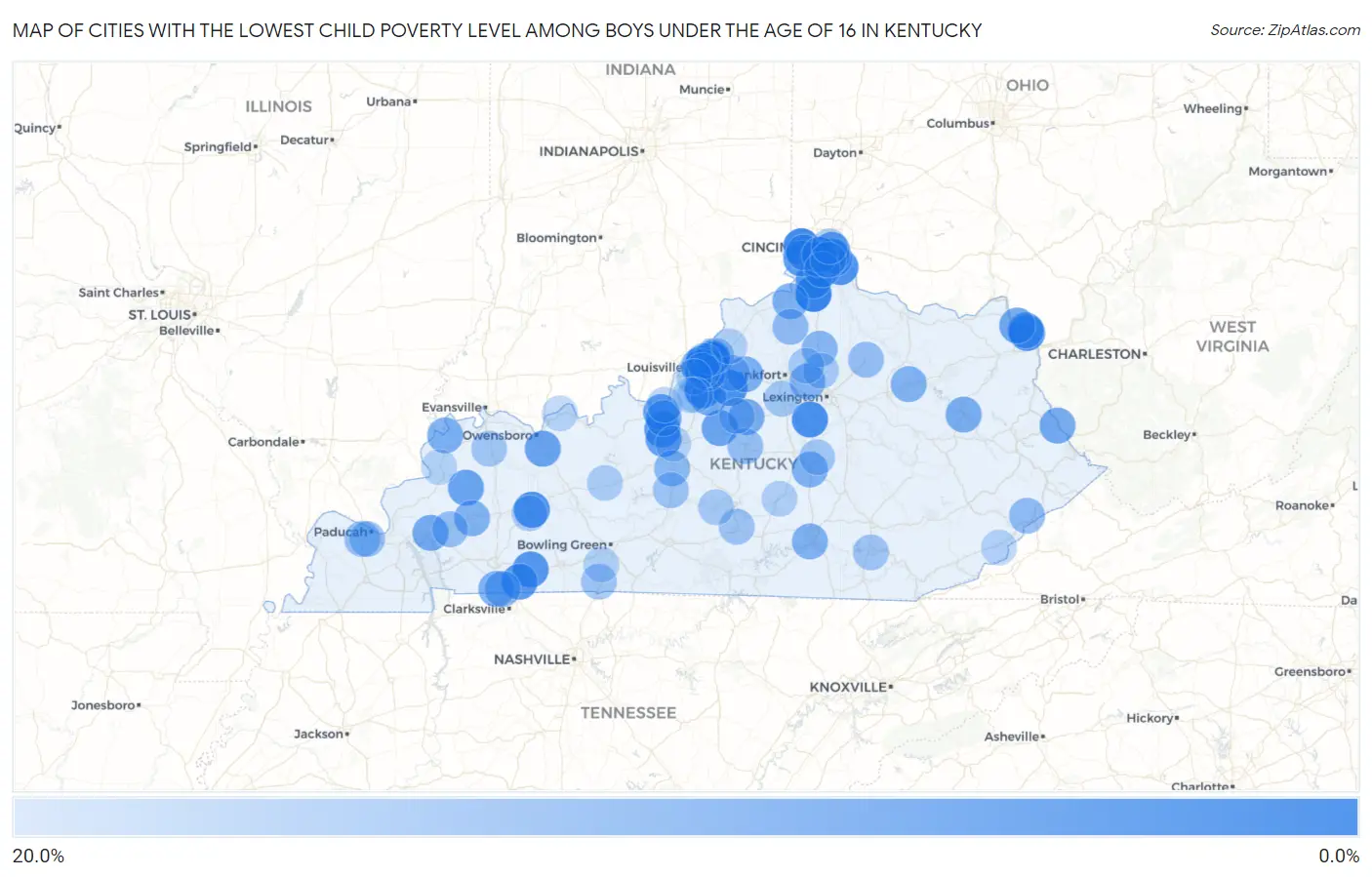 Cities with the Lowest Child Poverty Level Among Boys Under the Age of 16 in Kentucky Map