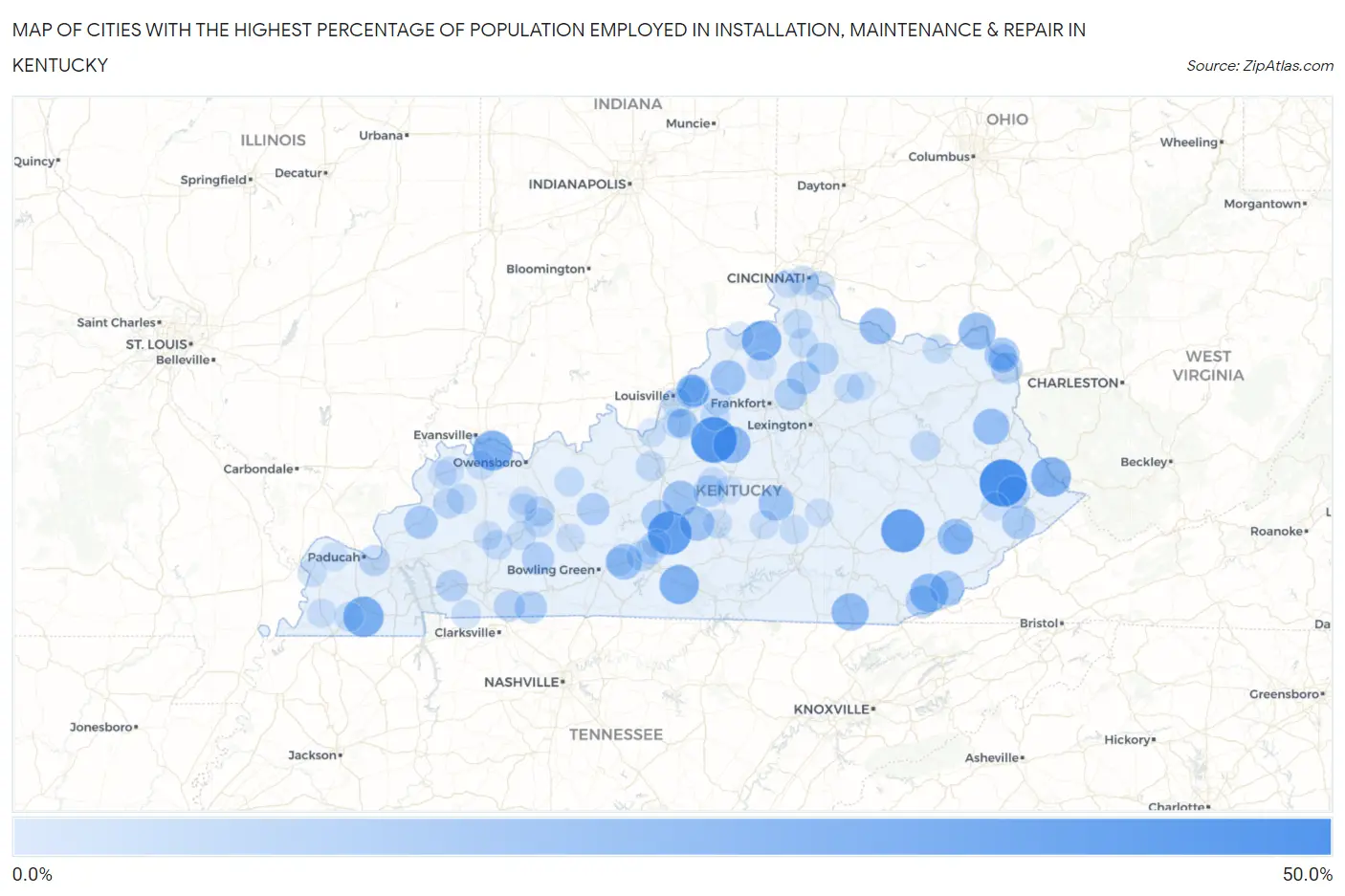 Cities with the Highest Percentage of Population Employed in Installation, Maintenance & Repair in Kentucky Map