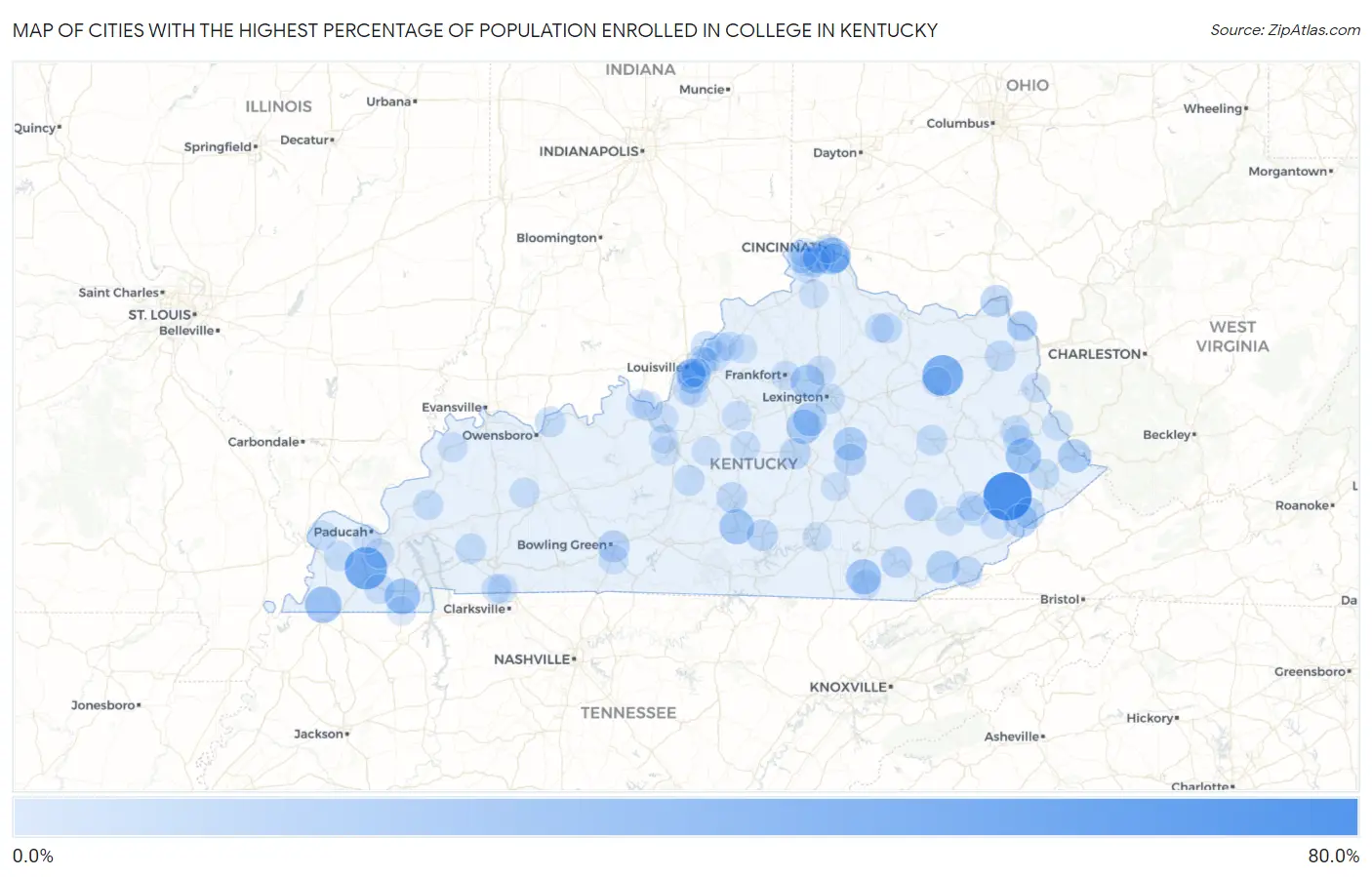 Cities with the Highest Percentage of Population Enrolled in College in Kentucky Map