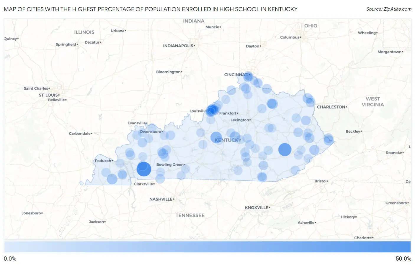 Cities with the Highest Percentage of Population Enrolled in High School in Kentucky Map