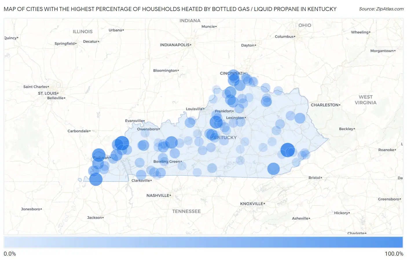 Cities with the Highest Percentage of Households Heated by Bottled Gas / Liquid Propane in Kentucky Map