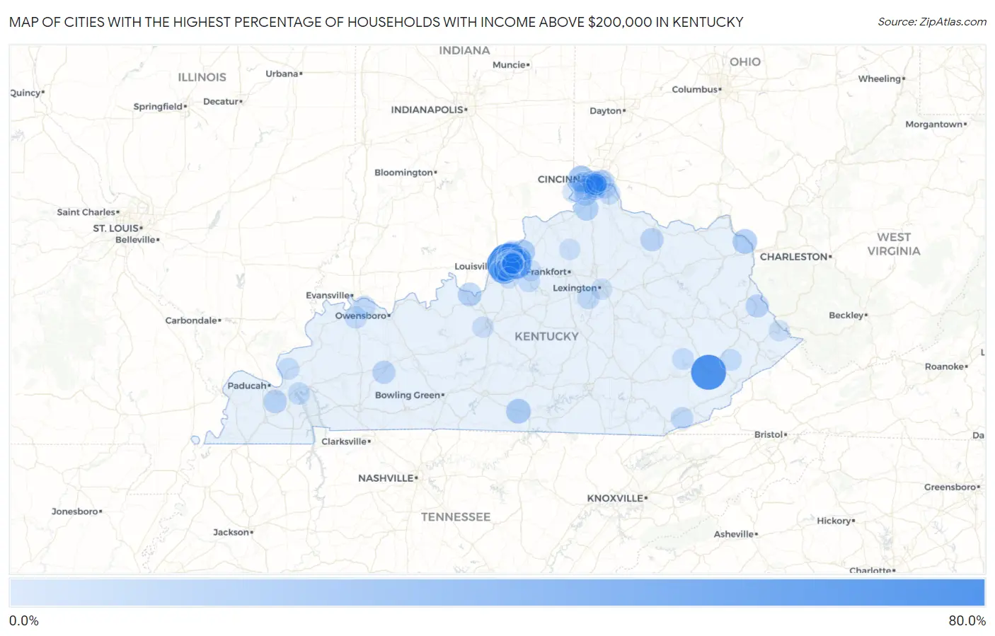 Cities with the Highest Percentage of Households with Income Above $200,000 in Kentucky Map