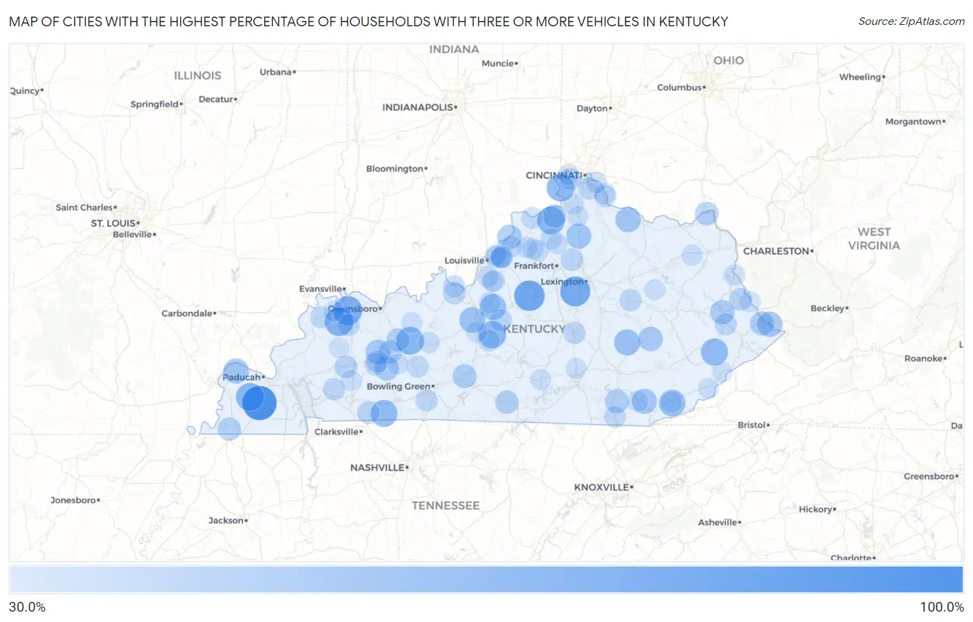 Cities with the Highest Percentage of Households With Three or more Vehicles in Kentucky Map