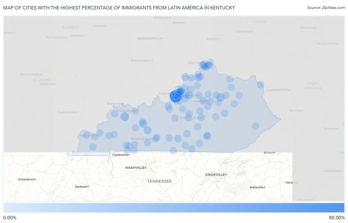Cities with the Highest Percentage of Immigrants from Latin America in Kentucky Map