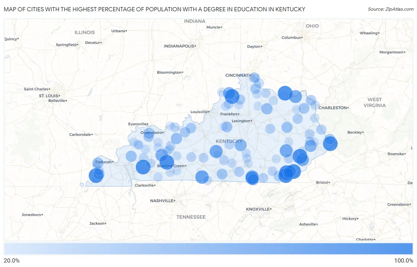 Cities with the Highest Percentage of Population with a Degree in Education in Kentucky Map