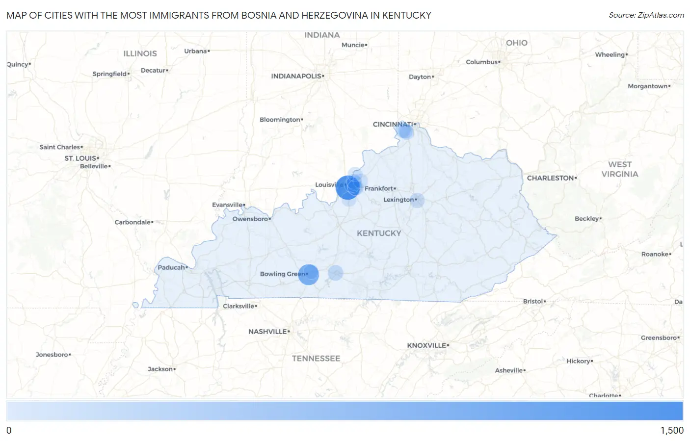 Cities with the Most Immigrants from Bosnia and Herzegovina in Kentucky Map