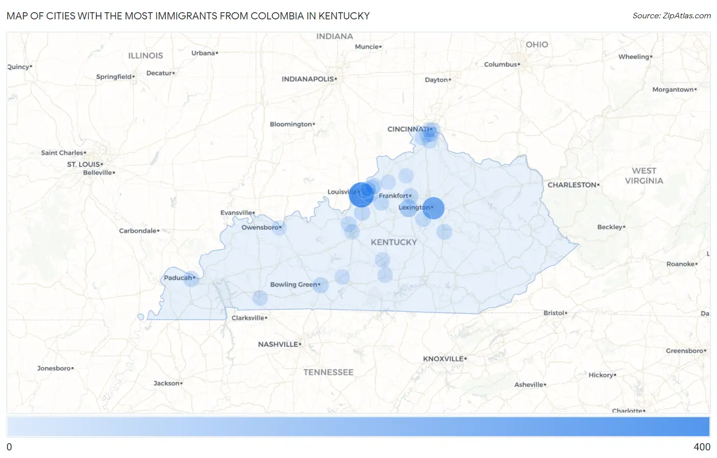 Cities with the Most Immigrants from Colombia in Kentucky Map