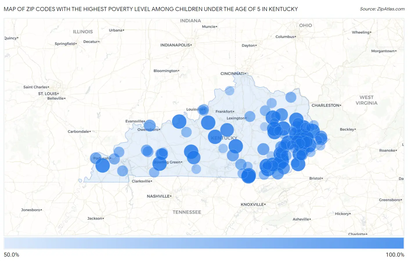 Zip Codes with the Highest Poverty Level Among Children Under the Age of 5 in Kentucky Map