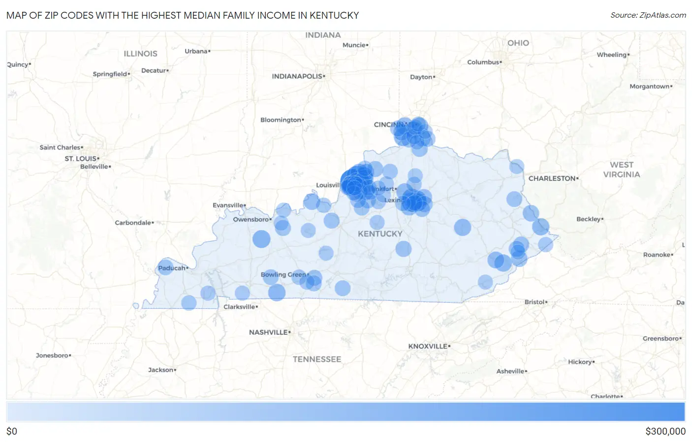 Zip Codes with the Highest Median Family Income in Kentucky Map