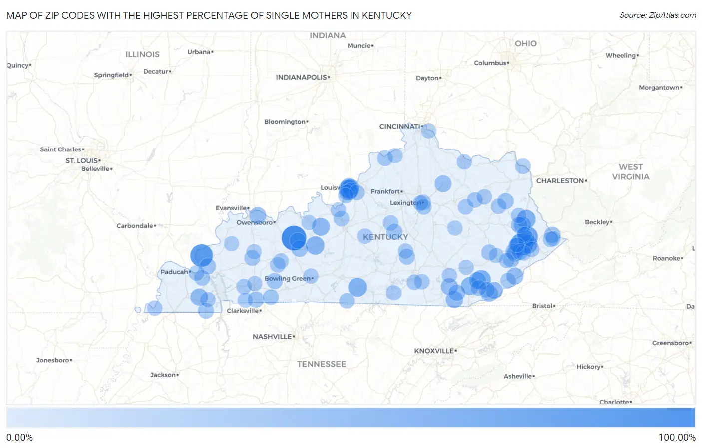 Zip Codes with the Highest Percentage of Single Mothers in Kentucky Map