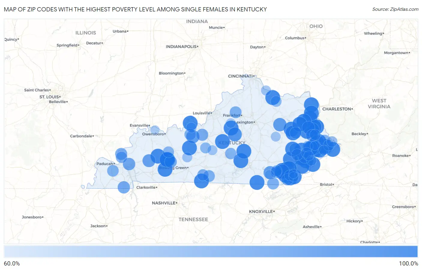 Zip Codes with the Highest Poverty Level Among Single Females in Kentucky Map