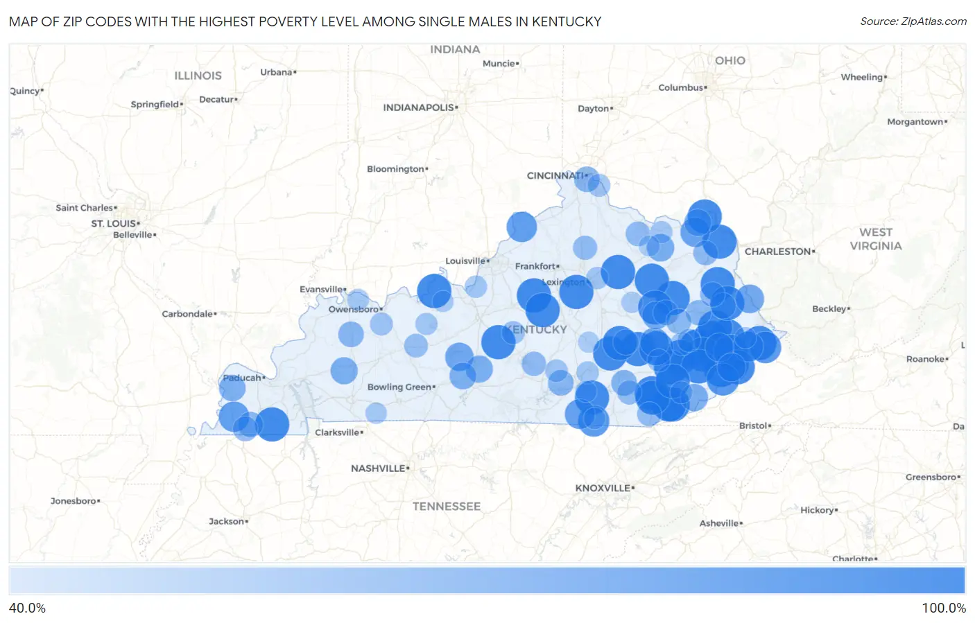 Zip Codes with the Highest Poverty Level Among Single Males in Kentucky Map