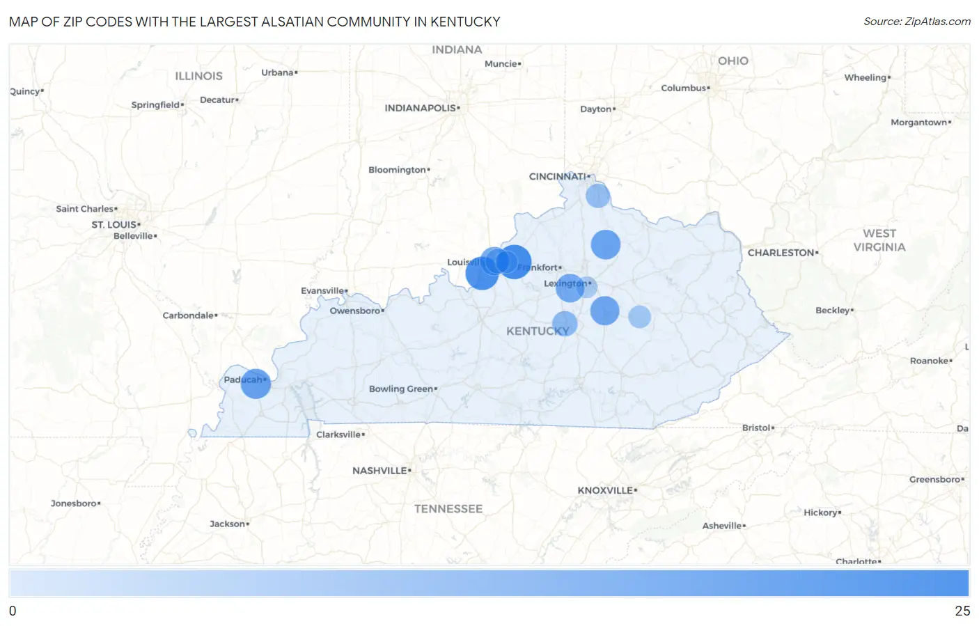 Zip Codes with the Largest Alsatian Community in Kentucky Map