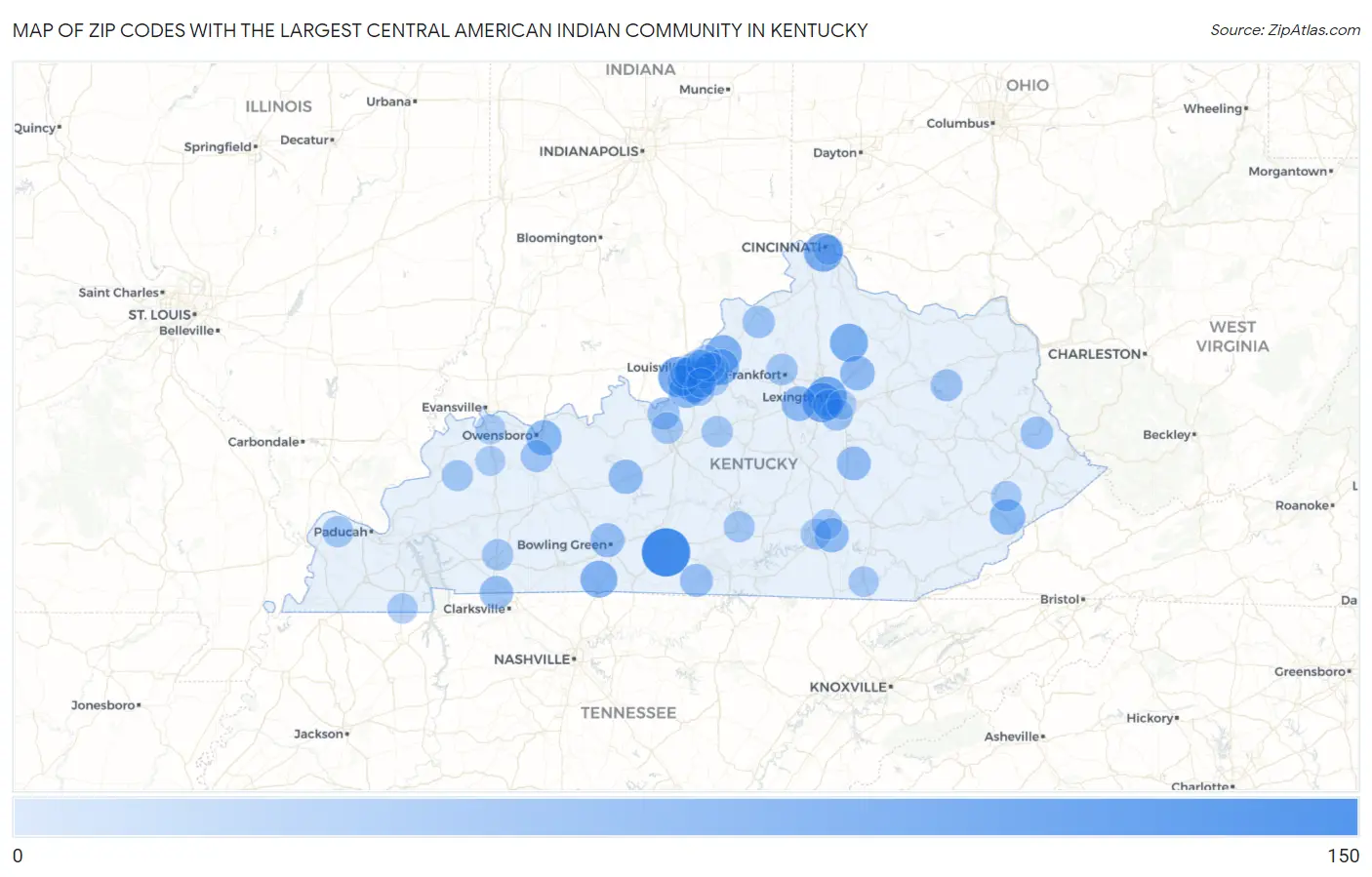 Zip Codes with the Largest Central American Indian Community in Kentucky Map