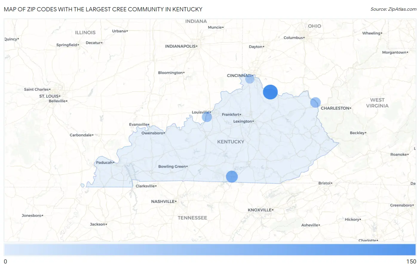 Zip Codes with the Largest Cree Community in Kentucky Map