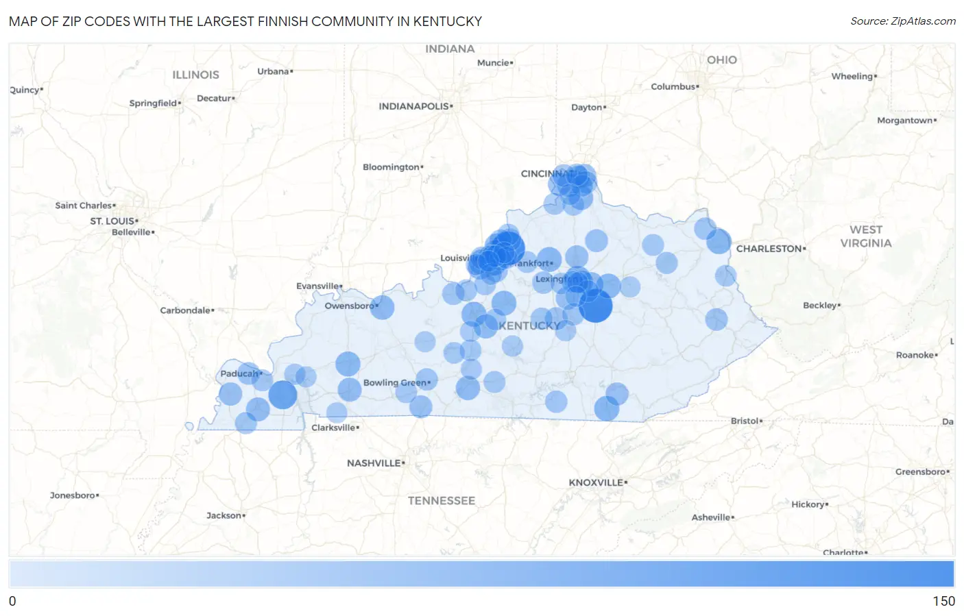 Zip Codes with the Largest Finnish Community in Kentucky Map