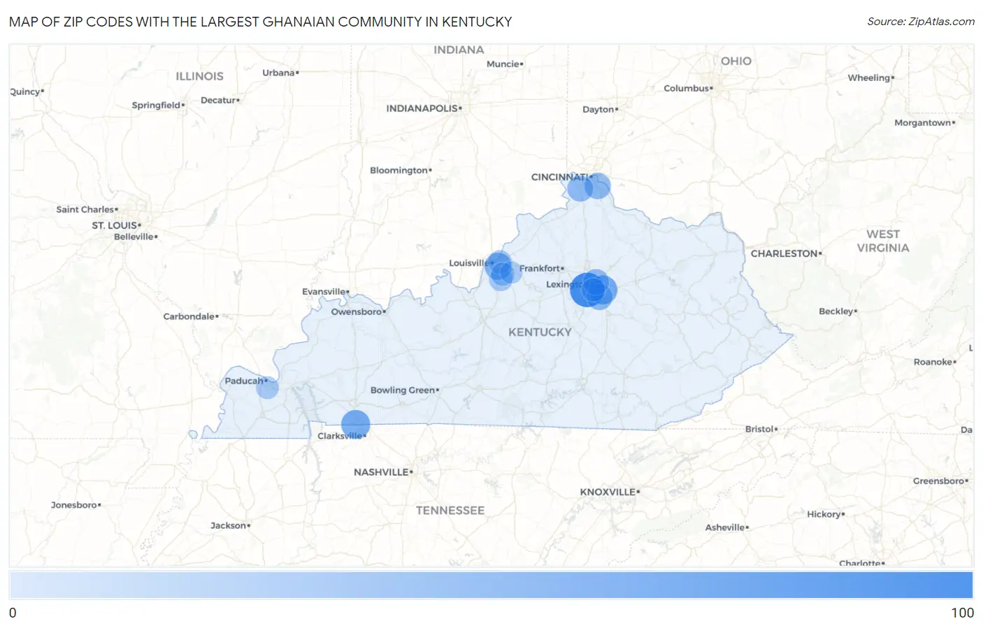 Zip Codes with the Largest Ghanaian Community in Kentucky Map