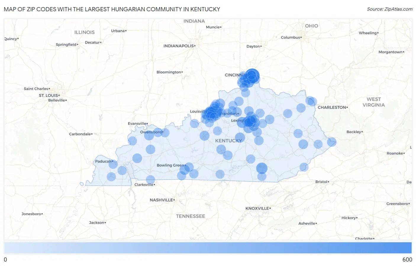 Zip Codes with the Largest Hungarian Community in Kentucky Map