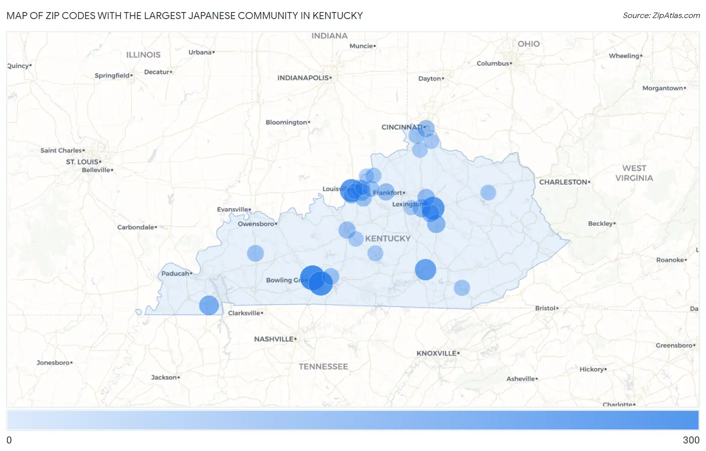 Zip Codes with the Largest Japanese Community in Kentucky Map