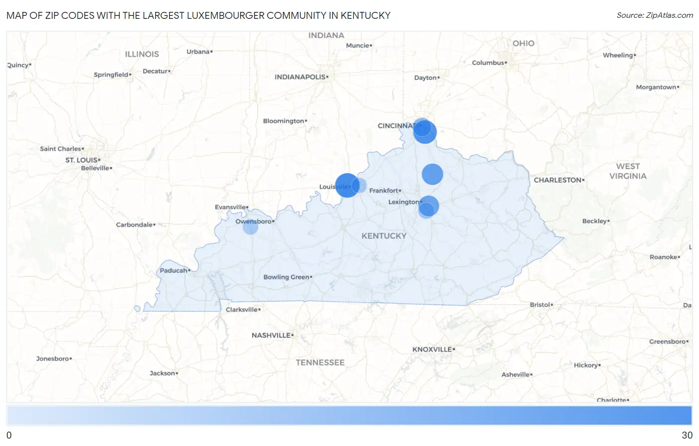 Zip Codes with the Largest Luxembourger Community in Kentucky Map
