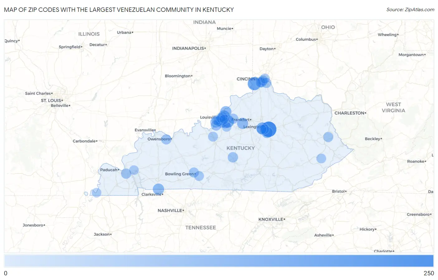 Zip Codes with the Largest Venezuelan Community in Kentucky Map