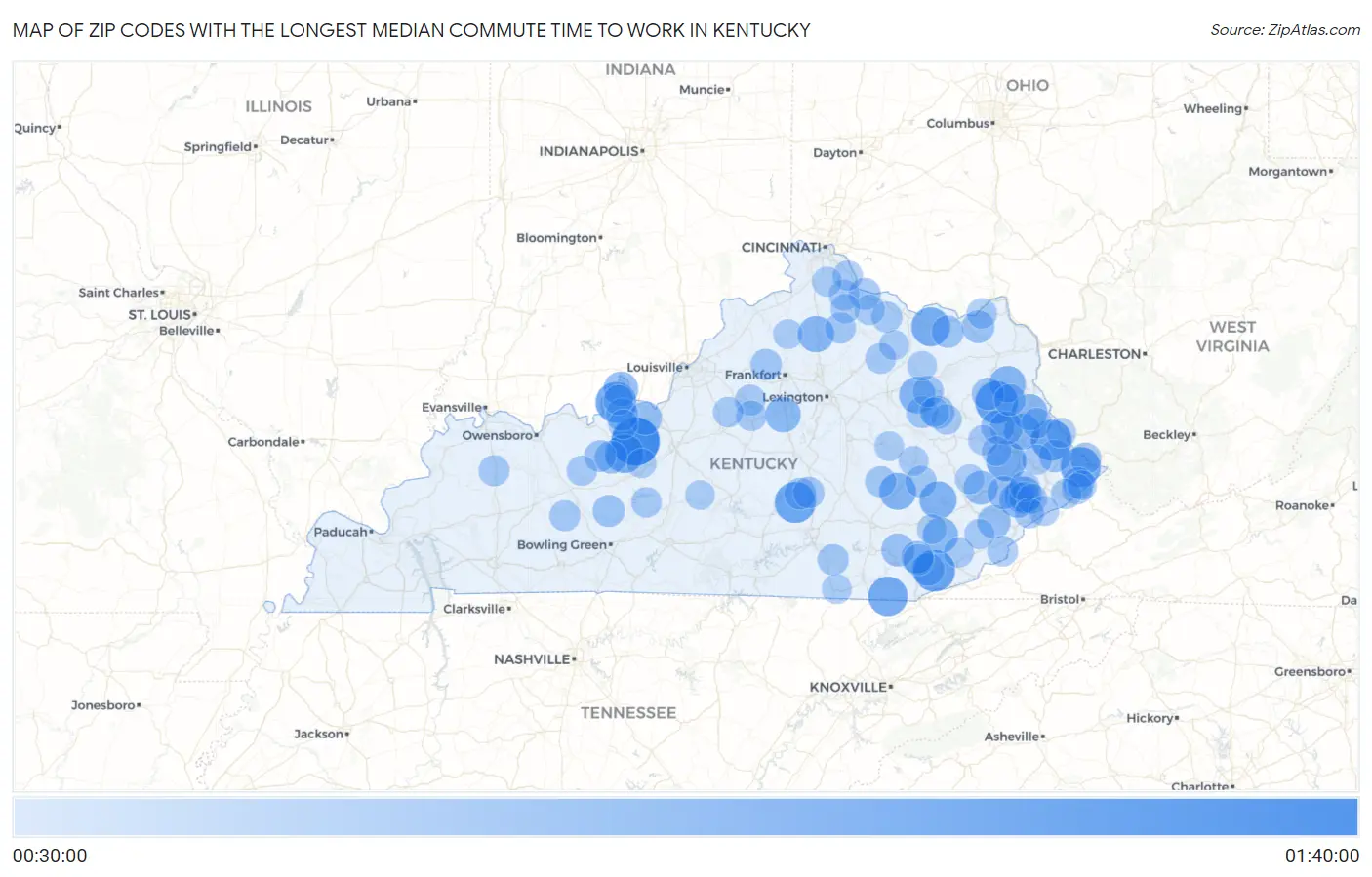 Zip Codes with the Longest Median Commute Time to Work in Kentucky Map