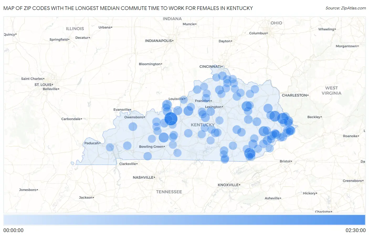 Zip Codes with the Longest Median Commute Time to Work for Females in Kentucky Map