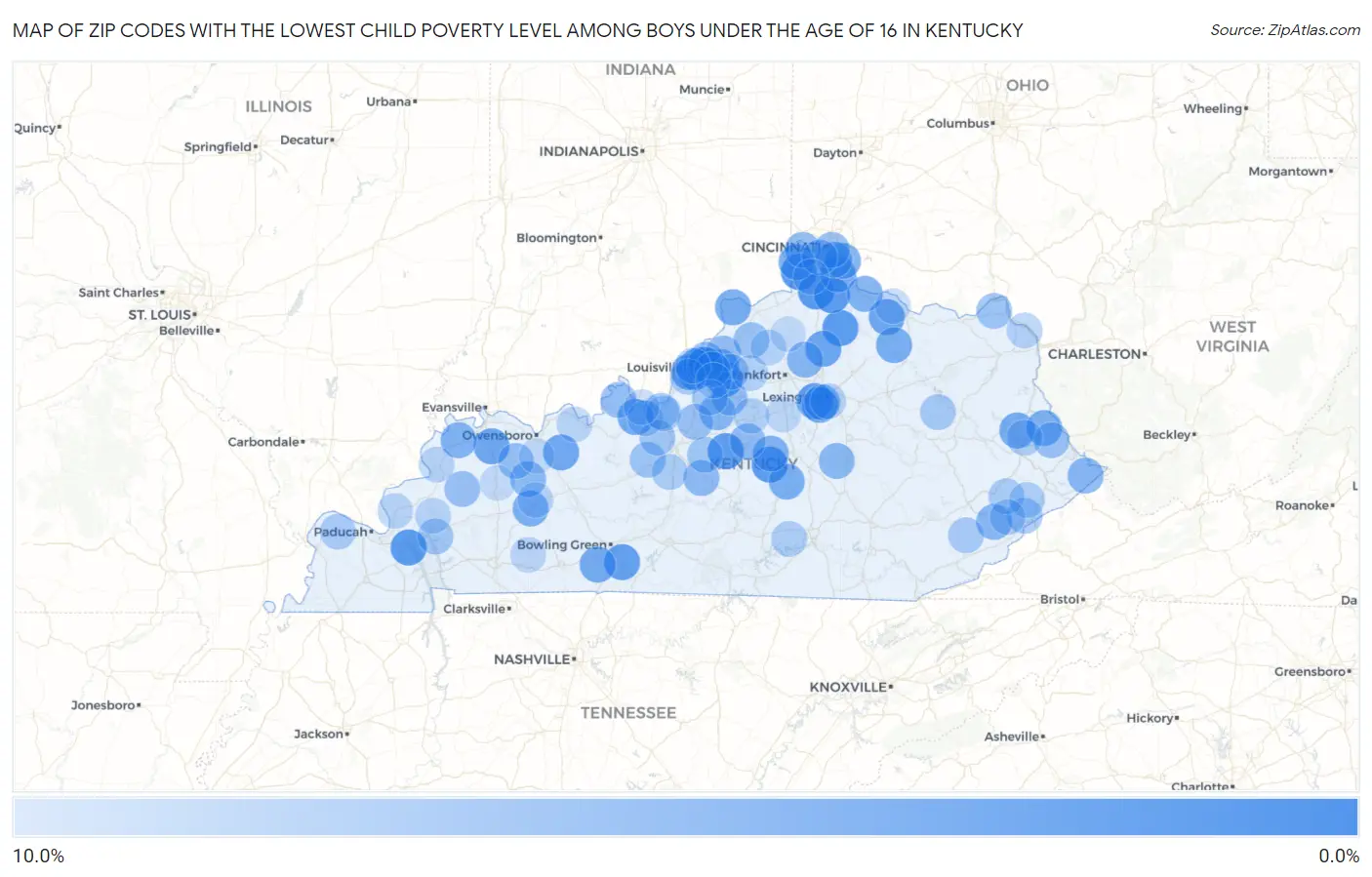 Zip Codes with the Lowest Child Poverty Level Among Boys Under the Age of 16 in Kentucky Map