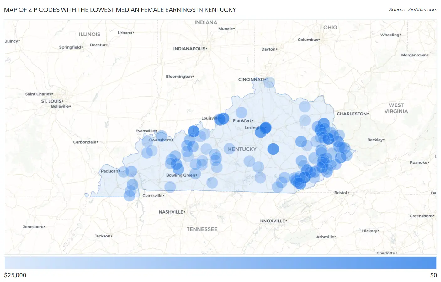 Zip Codes with the Lowest Median Female Earnings in Kentucky Map
