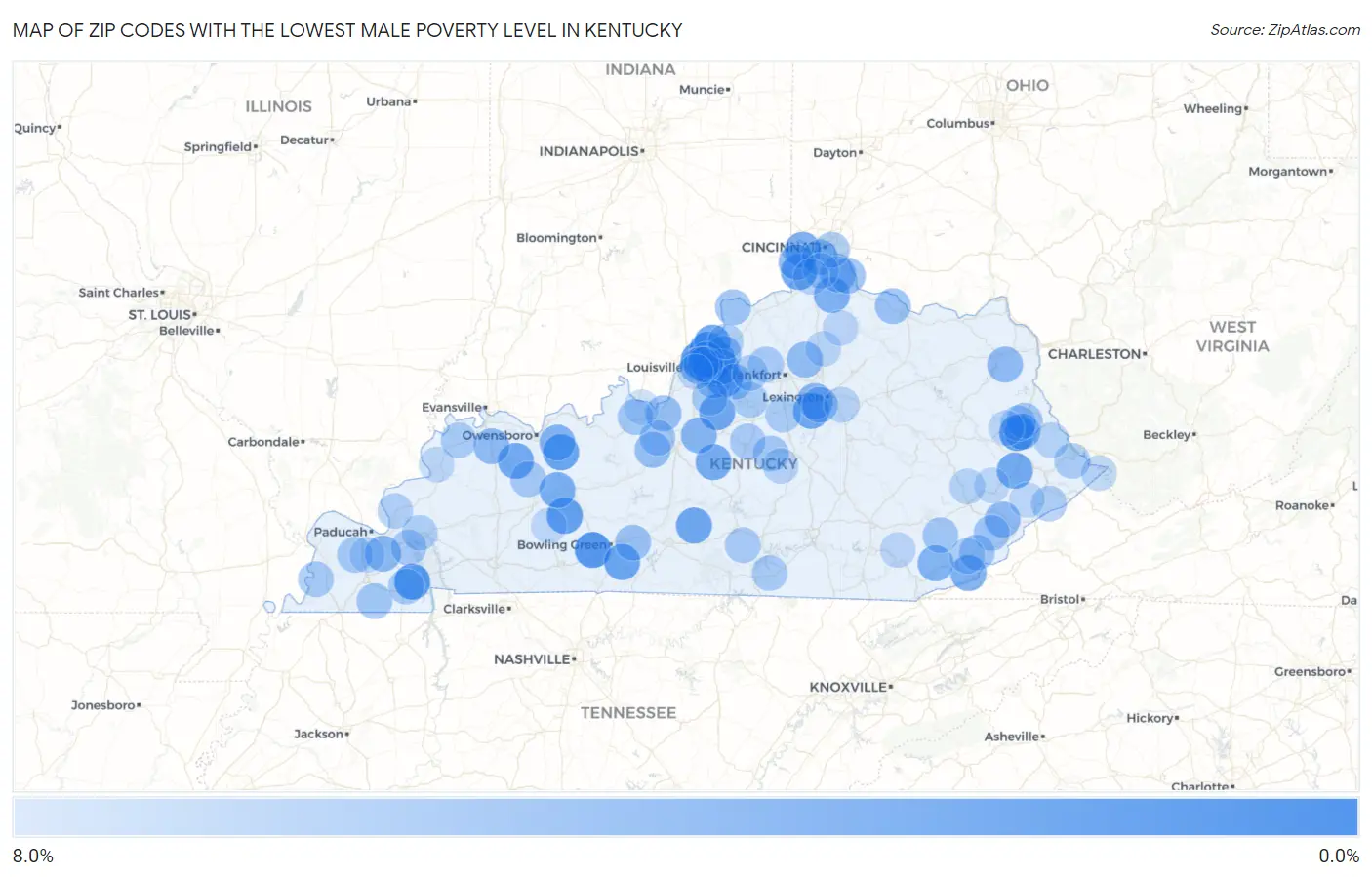 Zip Codes with the Lowest Male Poverty Level in Kentucky Map