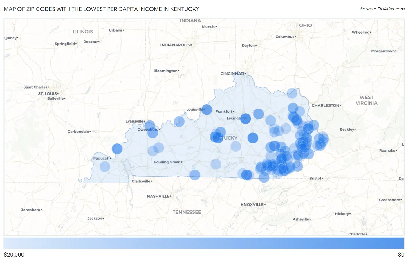 Zip Codes with the Lowest Per Capita Income in Kentucky Map