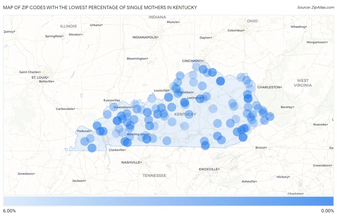 Zip Codes with the Lowest Percentage of Single Mothers in Kentucky Map