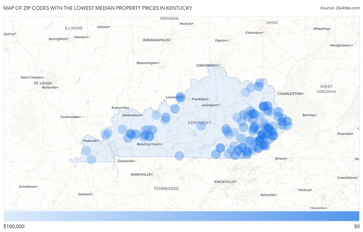 Zip Codes with the Lowest Median Property Prices in Kentucky Map