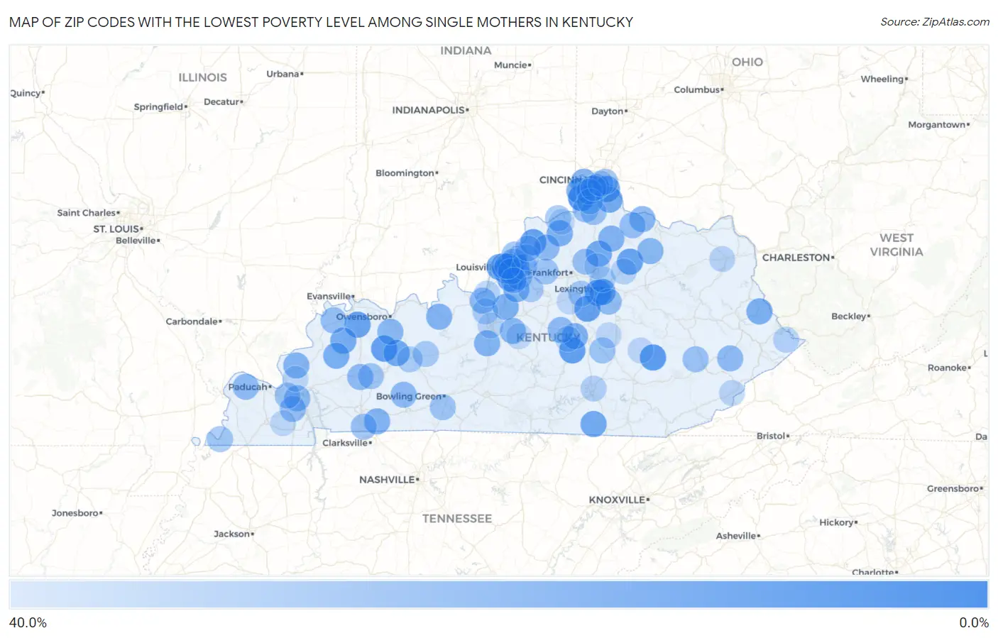 Zip Codes with the Lowest Poverty Level Among Single Mothers in Kentucky Map
