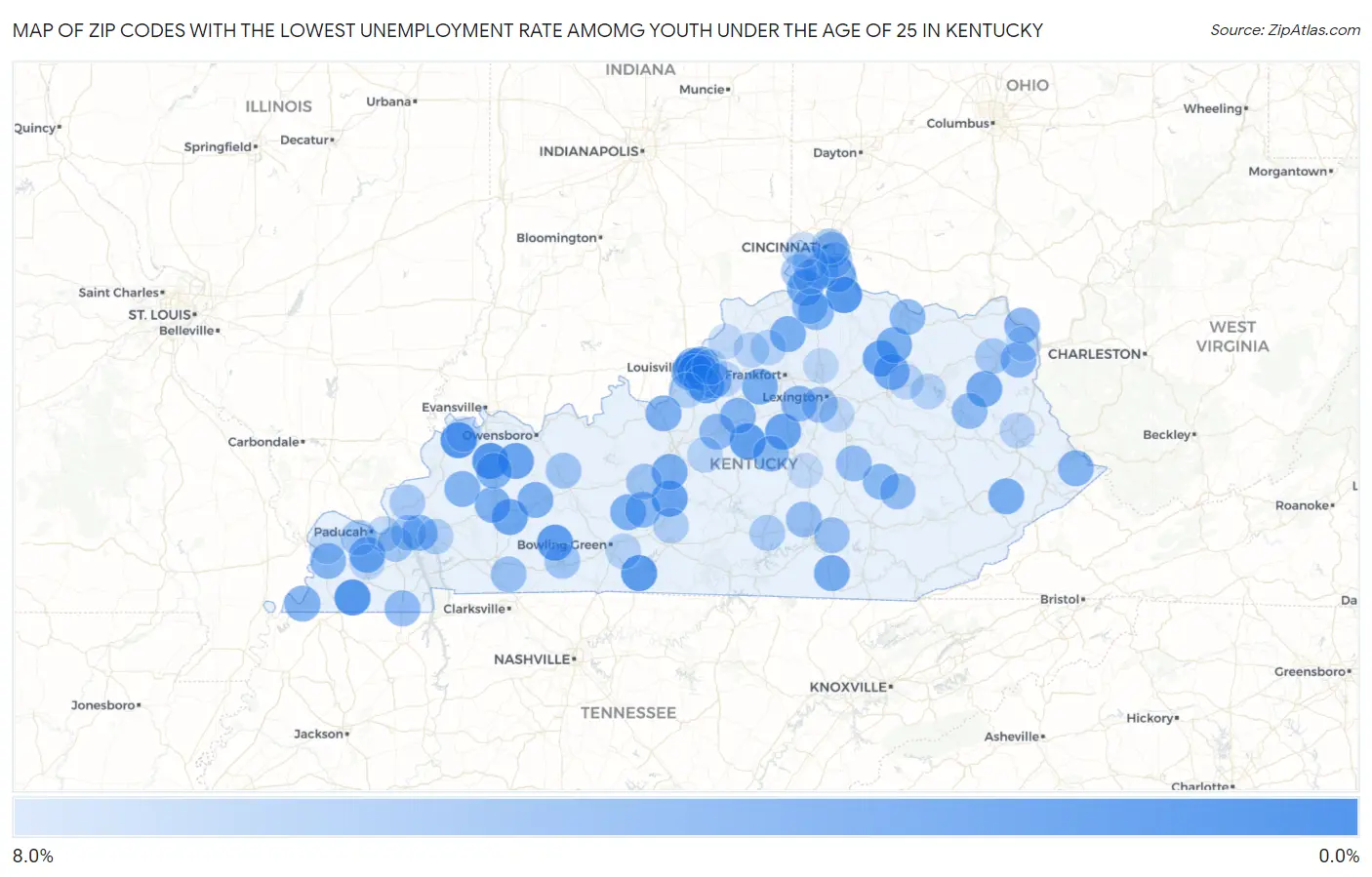 Zip Codes with the Lowest Unemployment Rate Amomg Youth Under the Age of 25 in Kentucky Map